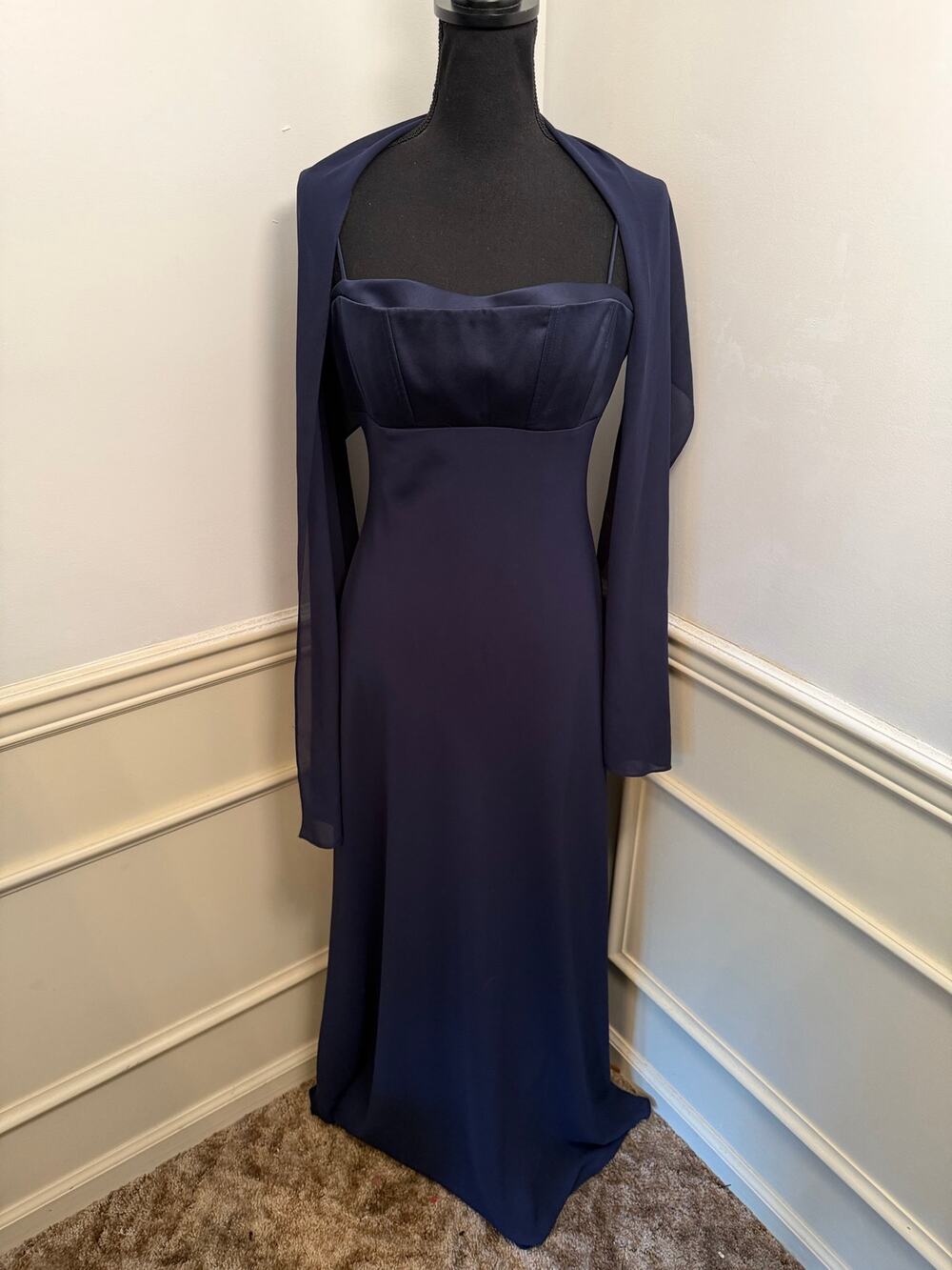 Vintage 90s Morgan & Co. Navy Blue Satin Empire Waist Formal Maxi Gown Dress